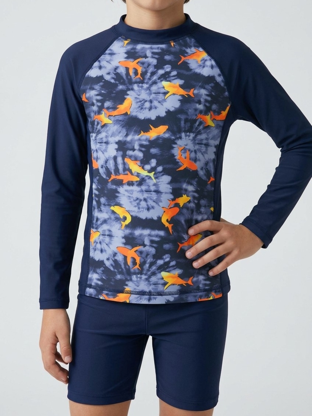 Lands' End Navy Long-Sleeve Rash Guard with Orange Shark Print